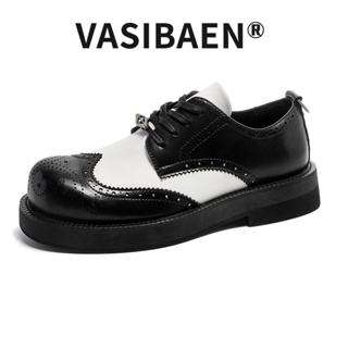 Vasibaen รองเท้าโลฟเฟอร์ลําลอง รองเท้าหนัง หัวโต สีดํา และสีขาว สําหรับผู้ชาย