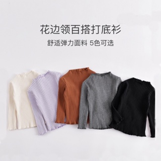 Childrens spring and autumn clothes girls half-high collar elastic pit strip knitted bottomed shirt childrens T-shirt boys long-sleeved blouse 3