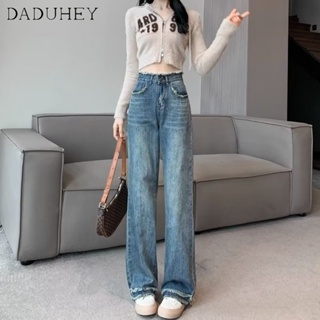 DaDuHey🎈 New American Style Retro Washed Womens Raw Edges Jeans All-Match High Waist Wide Leg Slim Fashion Casual Mop Pants