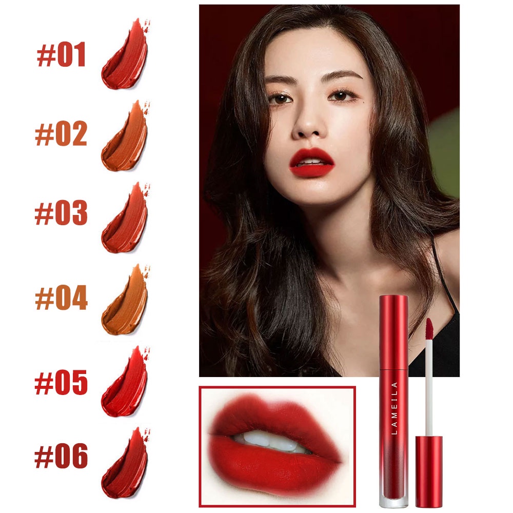 julystar-lameila-tube-red-matte-velvet-ลิปสติก-lip-gloss-glaze-rotten-tomato-สีลิปสติก-woman-make-up