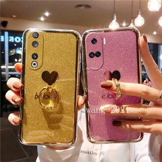 พร้อมส่ง เคสโทรศัพท์มือถือแข็ง ชุบไฟฟ้า รูปหัวใจ แต่งกลิตเตอร์ พร้อมแหวนขาตั้ง สําหรับ Honor90 Honor 70 90 Lite 5G 2023 Honor 90 Lite