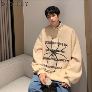 DaDuHey🔥 Mens 2023 Fashion Loose Spider Print round Neck Long Sleeve Top American Style Fashion Brand Thin All-Matching Sweater