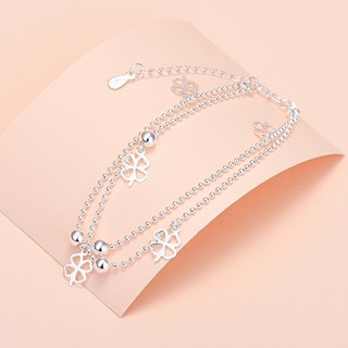 Charmost- สร้อยข้อมือโคลเวอร์ สี่ใบ อินเทรนด์ แฟชั่น โคลเวอร์ ลูกปัดกลม สร้อยข้อมือสองชั้น เครื่องประดับ ชุบเงิน