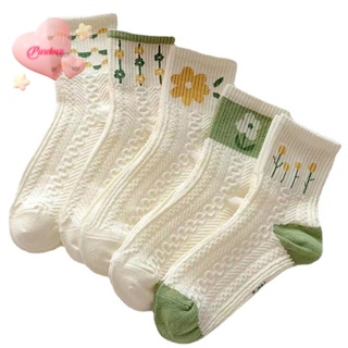 Purelove&gt; ถุงเท้าข้อสั้น ผ้าฝ้าย ระงับกลิ่น ลายดอกไม้ สีขาว สไตล์ญี่ปุ่น สําหรับผู้หญิง 5 คู่
