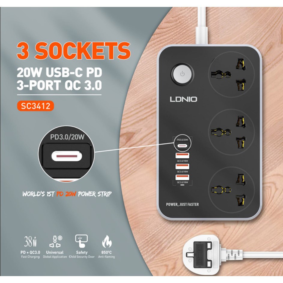 ldnio-sc3412-ปลั๊กพ่วง-38w-pd20w-2-เมตร-พร้อมซ็อกเก็ต-3-ช่อง-และ-3-qc-3-0-usb