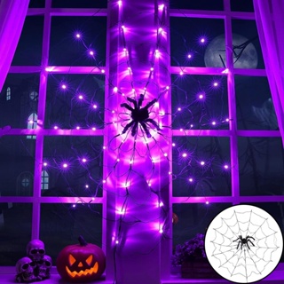 Halloween_ โคมไฟใยแมงมุม LED 70 ดวง 8 โหมด สีดํา สําหรับตกแต่งปาร์ตี้ฮาโลวีน ในร่ม กลางแจ้ง
