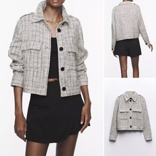Zara 23 ฤดูใบไม้ร่วง ฤดูหนาว สไตล์ใหม่ ตกแต่งไหล่ พร้อมปุ่ม และสายรัด แพทช์ ตกแต่งกระเป๋า เนื้อเสื้อเบลเซอร์8015128