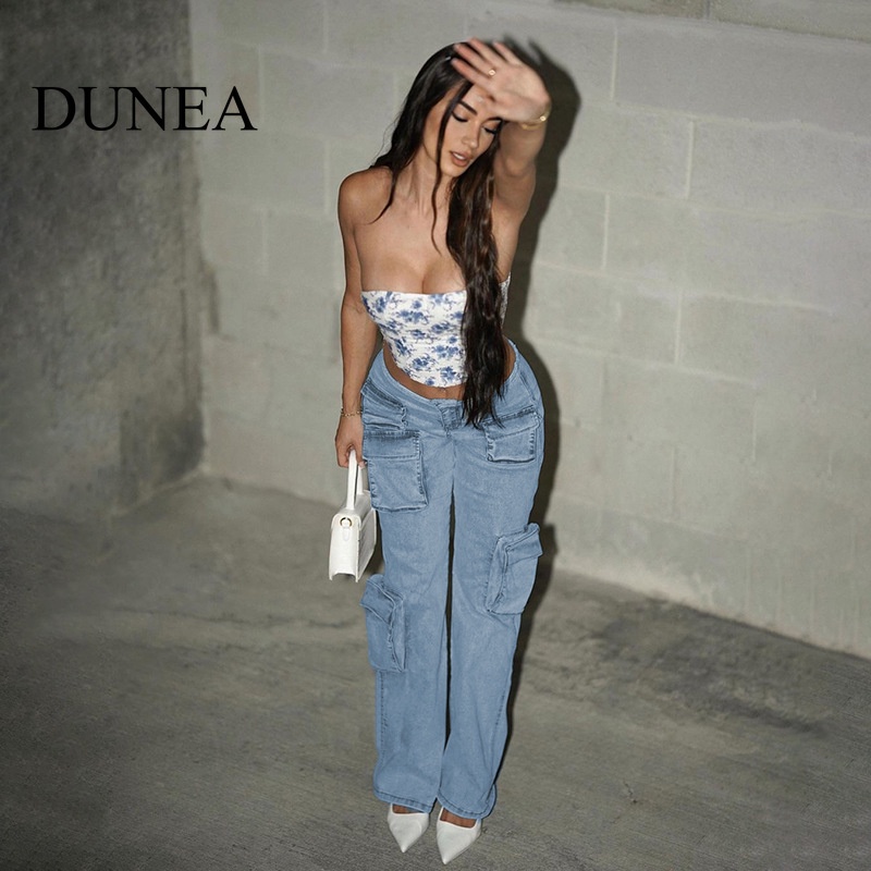 dunea-กางเกงยีนส์คาร์โก้-หลายกระเป๋า-แฟชั่นสําหรับผู้หญิง