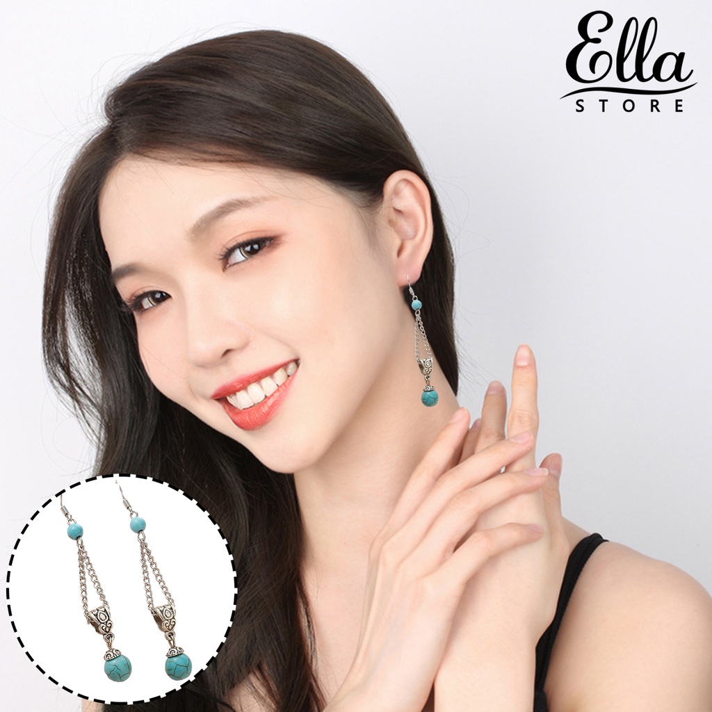 ellastore123-ต่างหูตะขอ-ประดับลูกปัดเทอร์ควอยซ์เทียม-พู่ยาว-กันแพ้-สไตล์วินเทจ-1-คู่