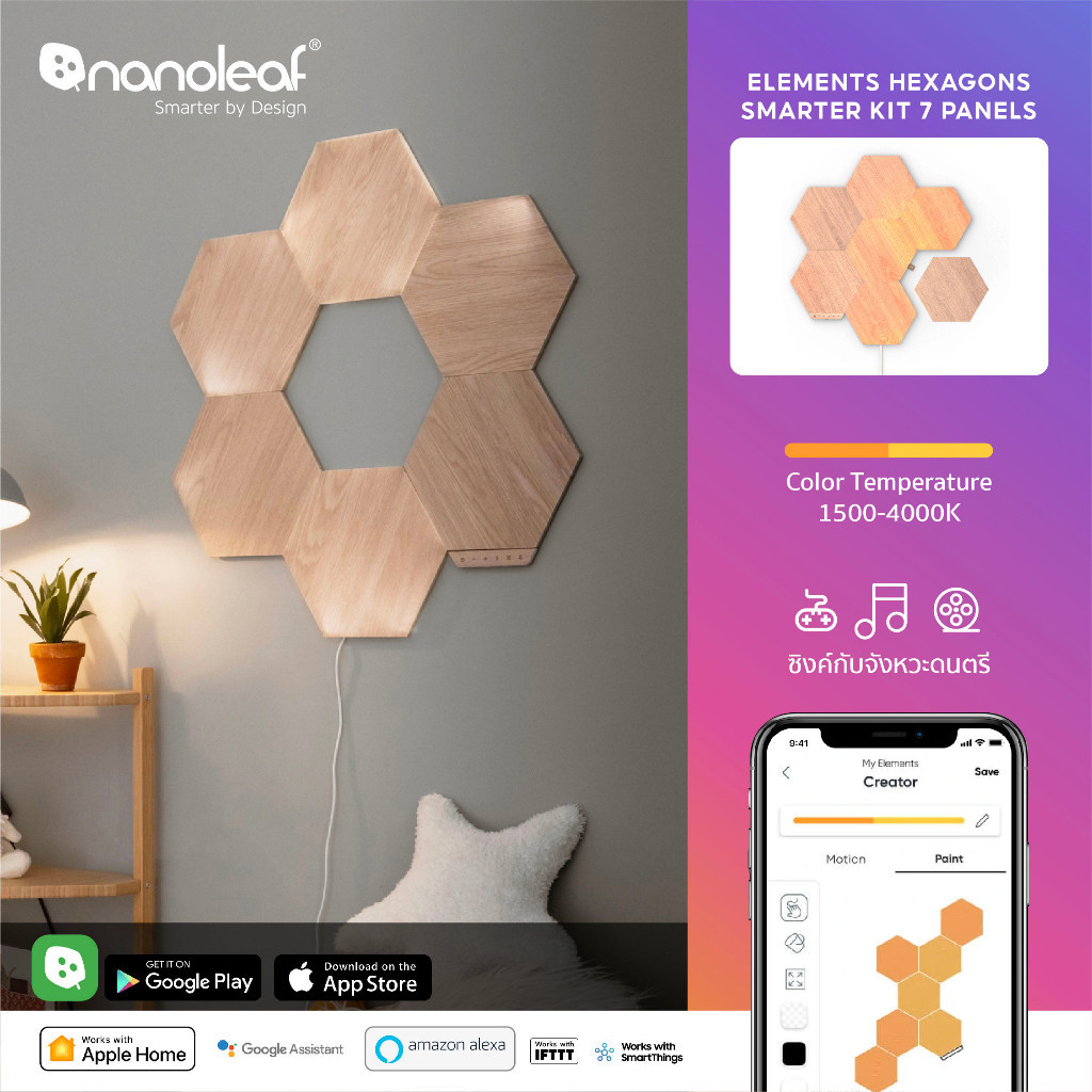 Nanoleaf ไฟตกแต่งห้อง LED Elements Hexagons (Starter Kit 7 Panels) ลาย ...