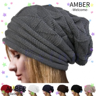 Amber หมวกถัก ผ้าขนสัตว์ ลายทาง สีพื้น ปรับได้ โอเวอร์ไซซ์ อบอุ่น แฟชั่นฤดูหนาว สําหรับผู้ชาย ผู้หญิง