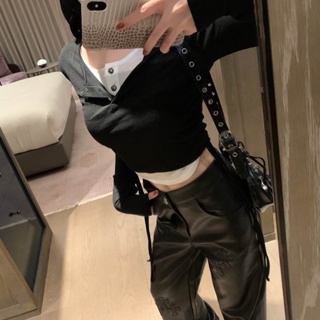 DZY5 Chrome Hearts 23 autumn and winter new double-layer fake two-piece drawstring bottoming shirt womens short design fashion all-match slim fit slimming