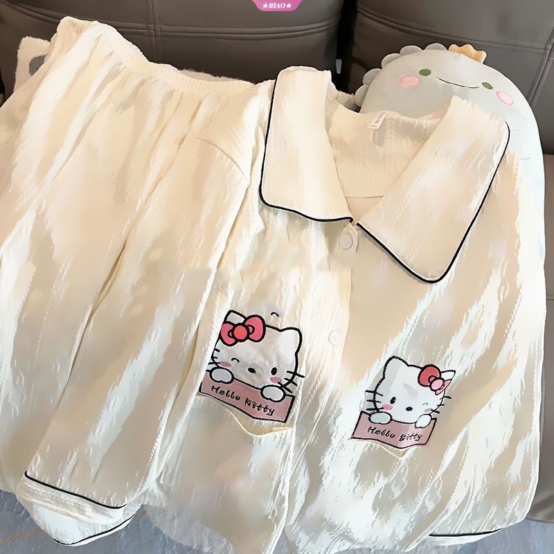 sanrio-ชุดนอน-เสื้อแขนยาว-คอปก-ลายการ์ตูนอนิเมะ-hello-kitty-และกางเกงขายาว-สําหรับผู้ใหญ่-bk