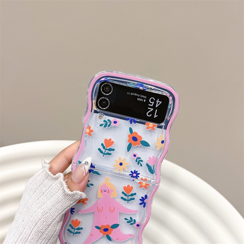 เคสโทรศัพท์มือถือ-tpu-แบบใส-ลายดอกไม้-พร้อมสายคล้องมือ-สําหรับ-samsung-galaxy-z-flip-5-4-3-5g