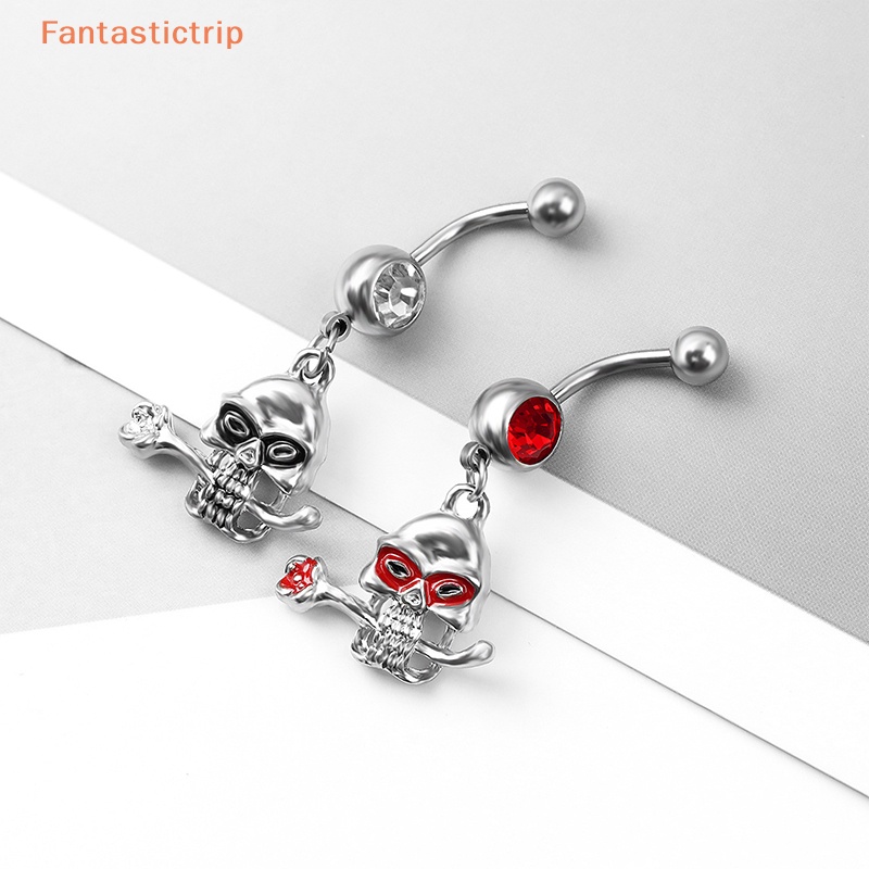 fantastictrip-กะโหลกศีรษะกุหลาบท้องปุ่มแหวนฮาโลวีนสแตนเลสแหวนท้องสําหรับผู้หญิงเครื่องประดับร่างกายสะดือท้องบาร์แฟชั่น