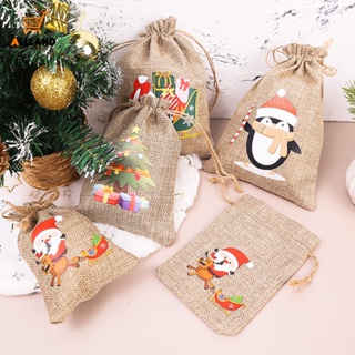 กระเป๋าหูรูด ผ้าลินิน ลายซานตาคลอส กวางเอลก์น่ารัก สร้างสรรค์ สําหรับใส่ขนม ของขวัญคริสต์มาส ปาร์ตี้