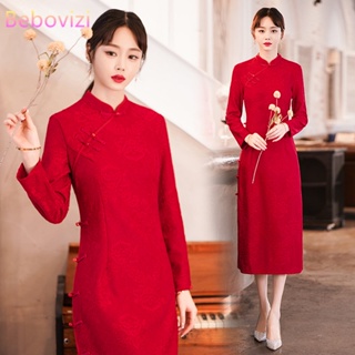 Qipao ชุดเดรสกี่เพ้า แขนยาว แต่งลูกไม้ สีแดง สไตล์จีนดั้งเดิม พลัสไซซ์ 5XL CNY