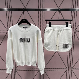 QWHR MIU MIU 23 autumn and winter new casual shorts two-piece suit age-reducing fashionable letter beaded knitwear shorts