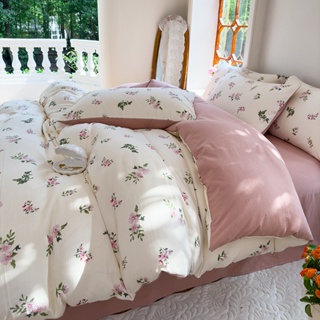 4 IN 1 INS ชุดเครื่องนอน ผ้าปูที่นอน ปลอกหมอน พิมพ์ลายดอกไม้ สีชมพู สีพื้น ควีนไซซ์ คิงไซซ์