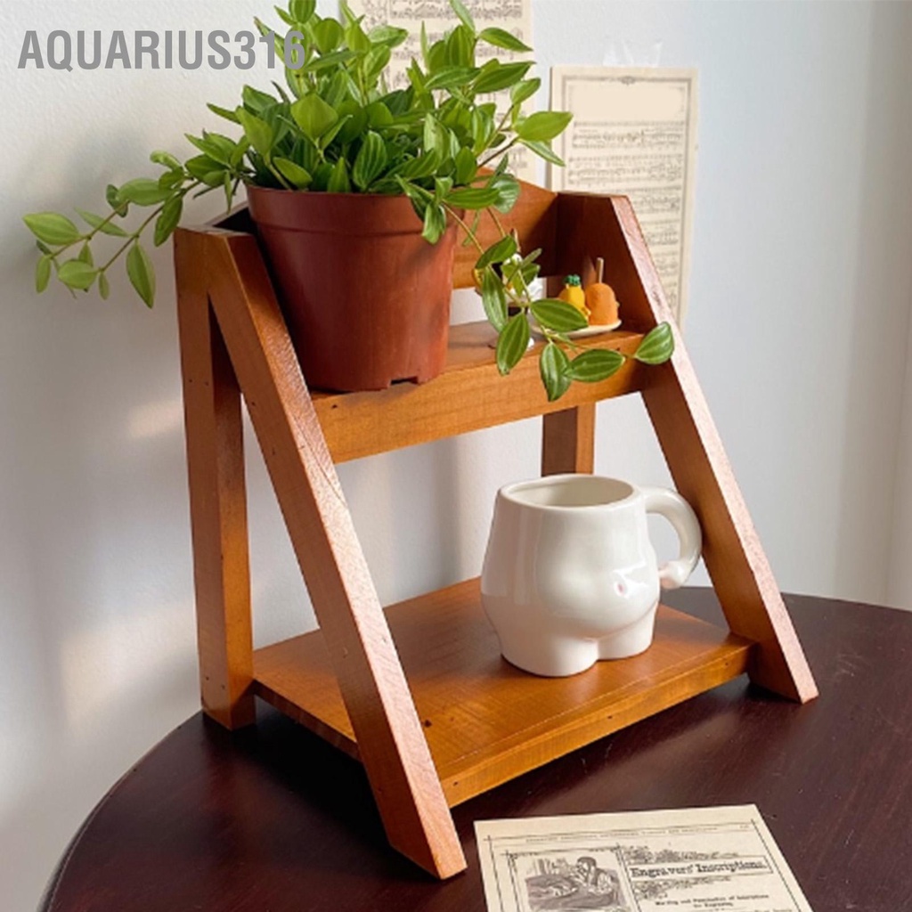 aquarius316-desktop-organizer-retro-aesthetic-office-storage-rack-home-decor-ไม้ชั้นวาง-2-ชั้นสำหรับหนังสือพืชเครื่องสำอาง