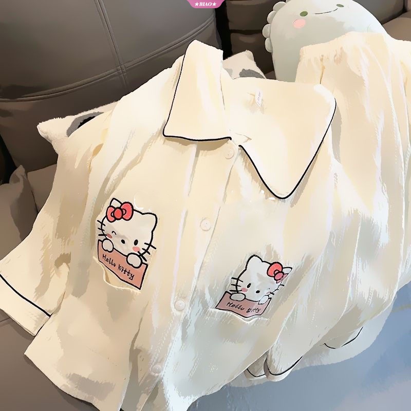 sanrio-ชุดนอน-เสื้อแขนยาว-คอปก-ลายการ์ตูนอนิเมะ-hello-kitty-และกางเกงขายาว-สําหรับผู้ใหญ่-bk