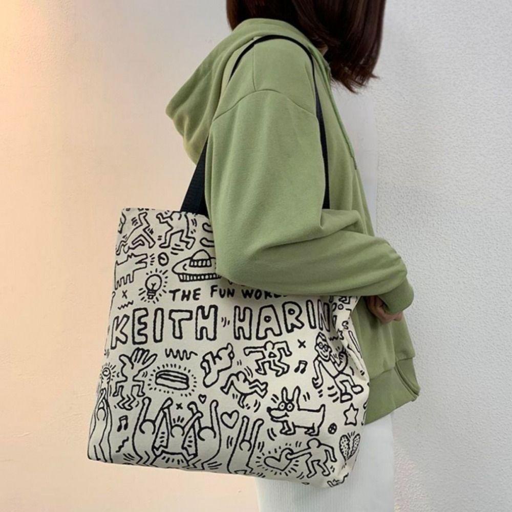 dahuo-กระเป๋าสะพายไหล่-กระเป๋าช้อปปิ้ง-ผ้าแคนวาส-พิมพ์ลายตัวอักษรกราฟฟิตี้-ความจุขนาดใหญ่-นํากลับมาใช้ใหม่ได้-สําหรับผู้หญิง