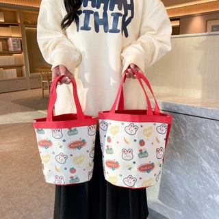 กระเป๋าถือ ผ้าแคนวาส ทรงบักเก็ต สไตล์เกาหลี สําหรับใส่ขวดน้ํา ร่ม เบนโตะ