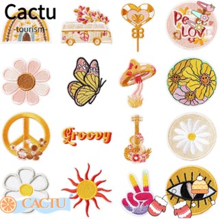 Cactu แผ่นแพทช์ ปักลายฮิปปี้ สีรุ้ง สไตล์เรโทร สําหรับเย็บปักถักร้อย หมวก DIY 16 ชิ้น