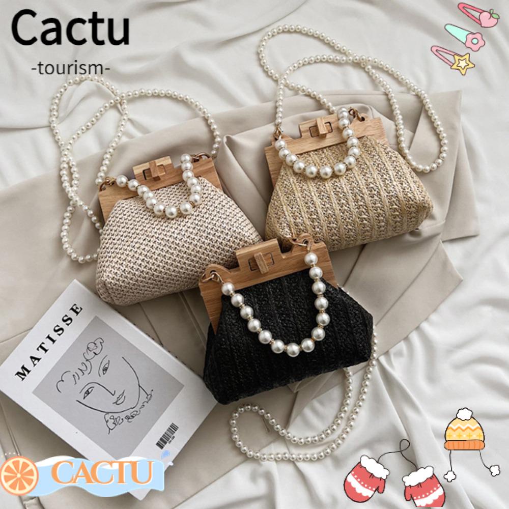 cactu-กระเป๋าถือ-กระเป๋าสะพายไหล่-สานมือ-ประดับไข่มุก-สําหรับผู้หญิง