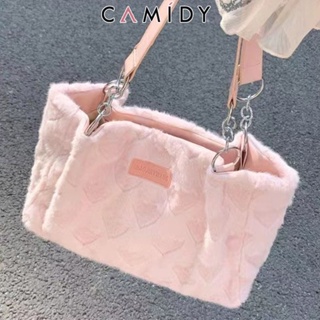 Camidy ใหม่ กระเป๋าสะพายไหล่ ผ้ากํามะหยี่ขนนิ่ม ทรงโท้ท ขนฟู ความจุขนาดใหญ่ น่ารัก สําหรับเดินทาง