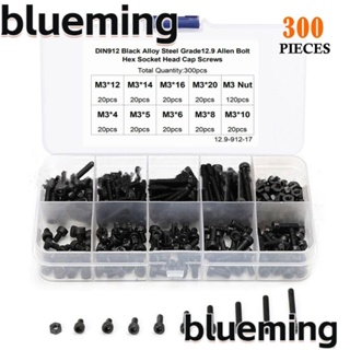 Blueming2 ชุดสกรู M3 9 ขนาด 4-20 มม. 300 ชิ้น พร้อมกล่องเก็บ 12.9 เหล็กอัลลอย สีดํา DIY