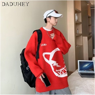 DaDuHey🔥 Men’s and Womens Couple style Hong Kong Style Retro Autumn  Fashion Casual Sweater Top 2023 New Fashionable All-Match Large Size Loose Neck Neck Sweater