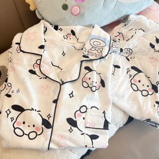 ชุดนอน เสื้อแขนสั้น คอปก ลายการ์ตูน Pochacco PomPomPurin Lotso กางเกงขาสั้น สําหรับผู้ใหญ่ [BK]