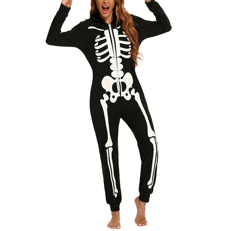 Halloween Pajamas Scary Skeleton Costume Adults Horror Skull Jumpsuit Hooded Carton Hoodies