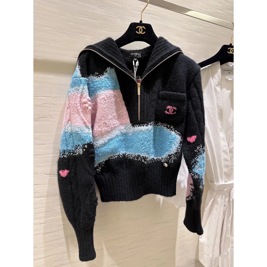 chanel-22n-coco-neige-ski-series-เบอร์สองสี-เสื้อกันหนาว-ผ้าแคชเมียร์-มีซิป-5-ช่อง-เป็นมิตรกับผิว-สีมาการอง-ไซส์-36-38-40