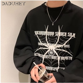 DaDuHey🔥 2023 Fashion Brand Thin All-Matching Sweater Mens American Style Fashion Loose Spider Print round Neck Long Sleeve Top