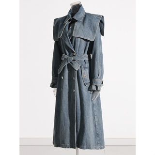 [New in stock] 2023 Autumn New elegant womens denim trench coat fashionable lapel strap design slimming denim trench coat quality assurance WR4P