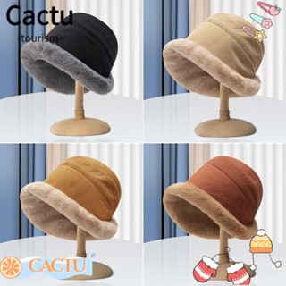 Cactu หมวกบักเก็ตลําลอง ประดับขนเฟอร์เทียม แบบนิ่ม ให้ความอบอุ่น สําหรับผู้หญิง