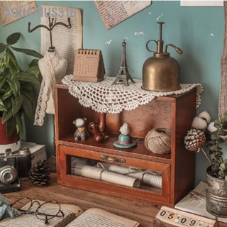 Aquarius316 กล่องเก็บของตั้งโต๊ะพร้อมลิ้นชักและตู้เปิดไม้ Retro Desk Organizer สำหรับห้องนอนสำนักงาน