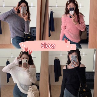 Elves✨พร้อมส่ง✨ เสื้อไหมพรมเปิดไหล่ ดีเทลสายเดี่ยว แขนยาวสีพาสเทลสดใส ~F887~ -C