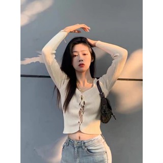 เสื้อแขนยาว ผ้าถัก คอสี่เหลี่ยม ผูกเชือก สีพื้น เข้ากับทุกการแต่งกาย สไตล์เกาหลี MC OA