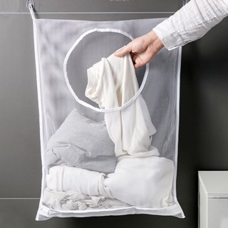 ตะกร้าตาข่าย แบบพับได้ พร้อมตะขอ สําหรับแขวนเสื้อผ้าใช้แล้ว