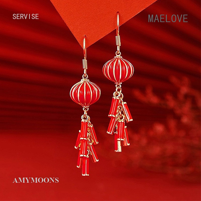 Maelove ต่างหูตะขอ ห้อยพู่ รูปโคมไฟ สีแดง ปีใหม่ 2024 Shopee Thailand