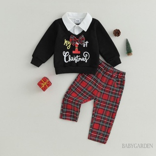 Baga- เสื้อกันหนาวแขนยาว คอปก ลายคริสต์มาส และกางเกงขายาว ลายสก๊อต สําหรับเด็กผู้ชาย อายุ 3-24 เดือน 2 ชิ้น