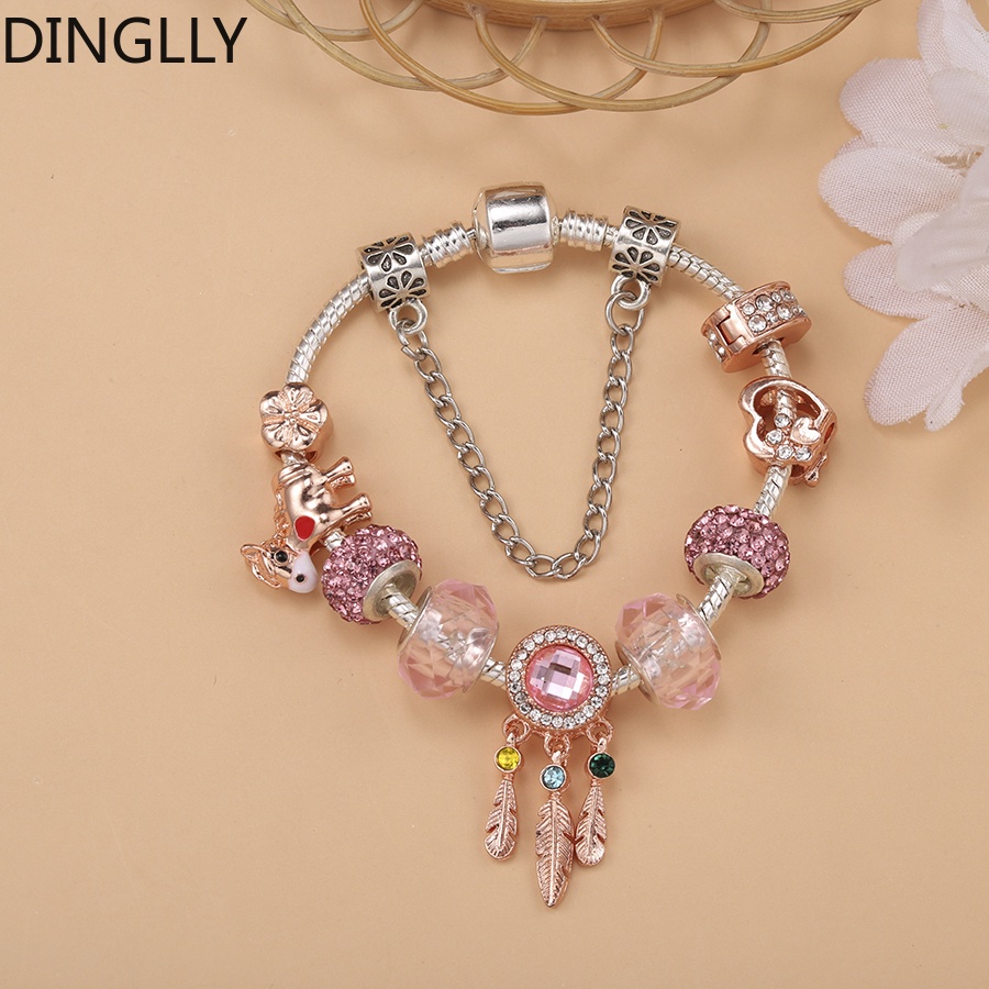 dinglly-สร้อยข้อมือ-ลูกปัดคริสตัล-สีชมพู-สีเงิน-สีโรสโกลด์-ตาข่ายดักฝัน-สําหรับผู้หญิง