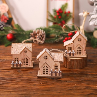 Christmas_ จี้บ้านคริสต์มาส แบบไม้ ขนาดเล็ก พร้อมไฟ LED เรืองแสง โรแมนติก งานฝีมือ สําหรับแขวนตกแต่งบ้าน ปาร์ตี้