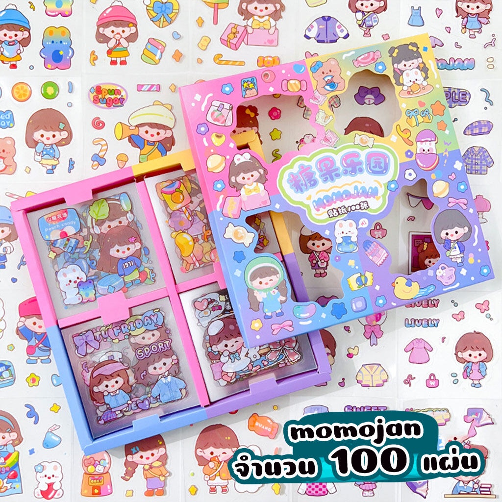 สติ๊กเกอร์ ไดคัท 100แผ่น พร้อมกล่อง Sticker ชุด PVC น่ารักกันน้ำ ลาย ...