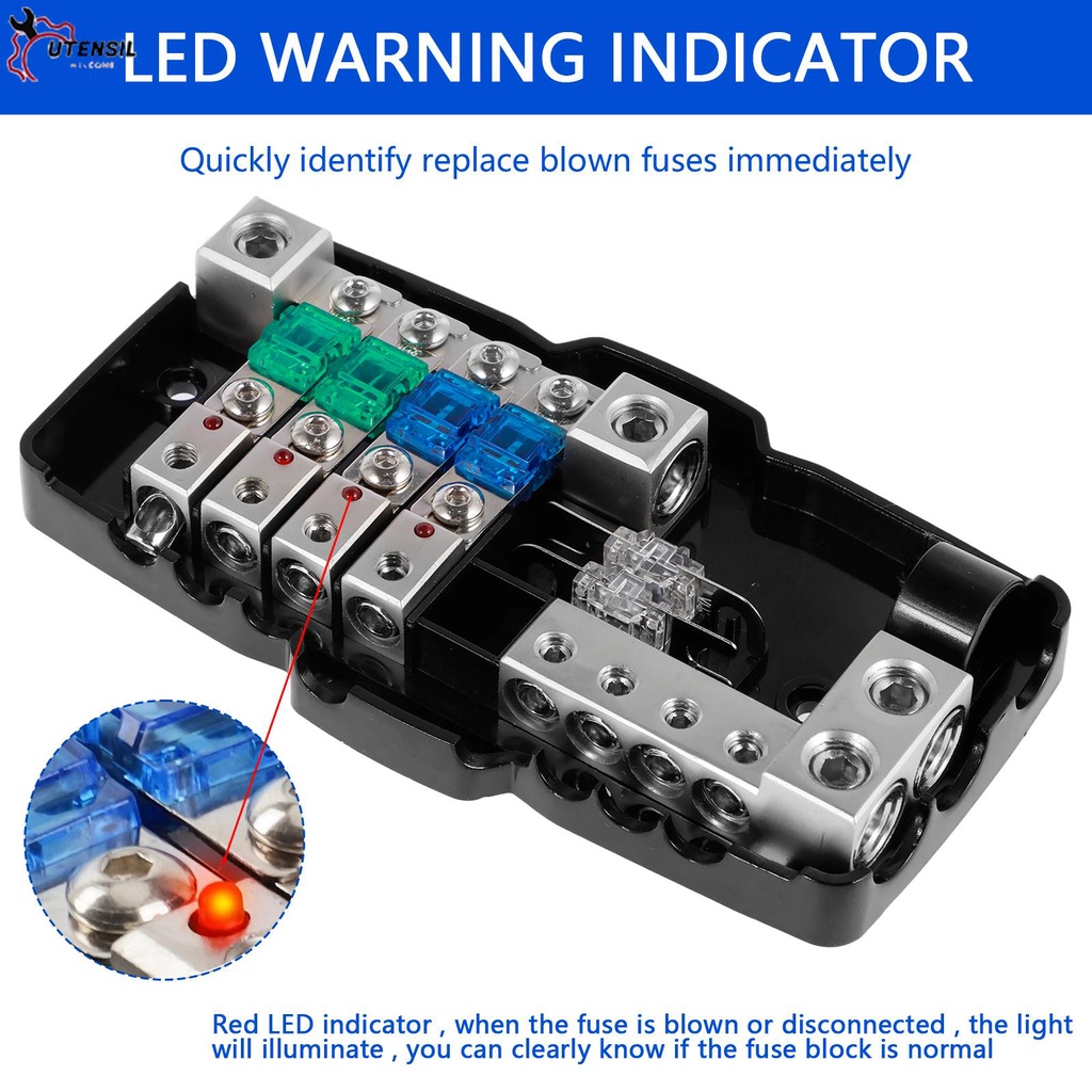 บล็อกฟิวส์เครื่องเสียงรถยนต์-โลหะผสมสังกะสี-4-ทาง-พร้อมฟิวส์-midi-ไฟ-led-6-ดวง