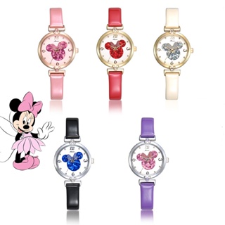 Disney MK-11009 นาฬิกาข้อมือควอตซ์แฟชั่น สายหนัง ประดับเพชรเทียม สีชมพู สีม่วง สําหรับเด็กผู้หญิง
