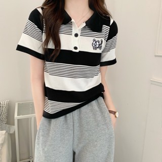 เสื้อโปโล แขนสั้น ผ้าเรยอน ลายทาง สําหรับผู้หญิง 3XYS